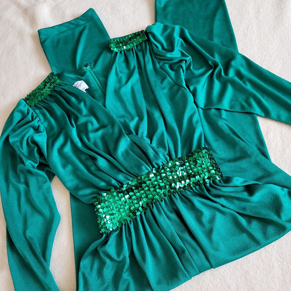Vintage 70's 80's One Piece Romper Green Sequin Women's Size 8 USA